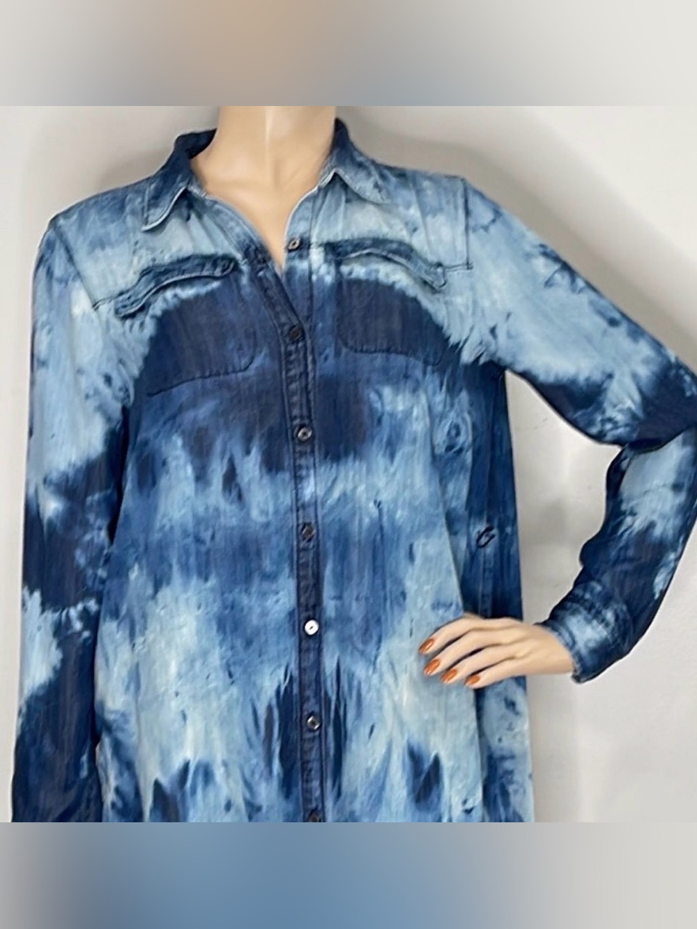 LOFT Bleach Washed Denim Shirt Dress Long sleeves Button down Collar Midi Tunic - Picture 3 of 14